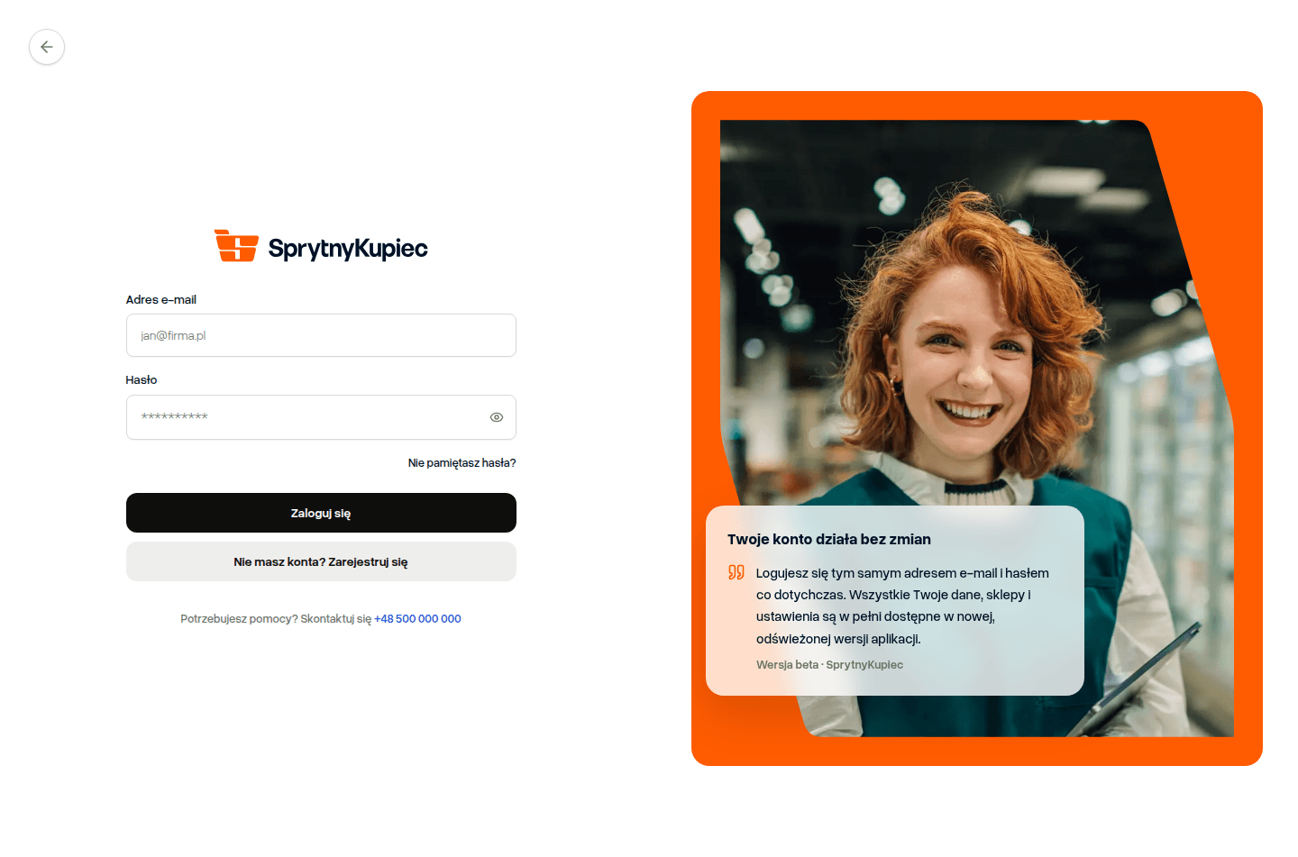 ekran logowania z polami e-mail i hasło oraz przyciskiem Zaloguj się