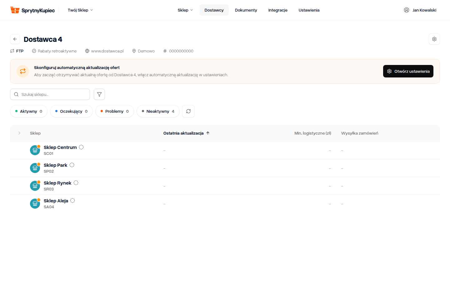 Karta dostawcy z pomarańczowym paskiem „Skonfiguruj automatyczną aktualizację ofert” i przyciskiem „Otwórz ustawienia”.