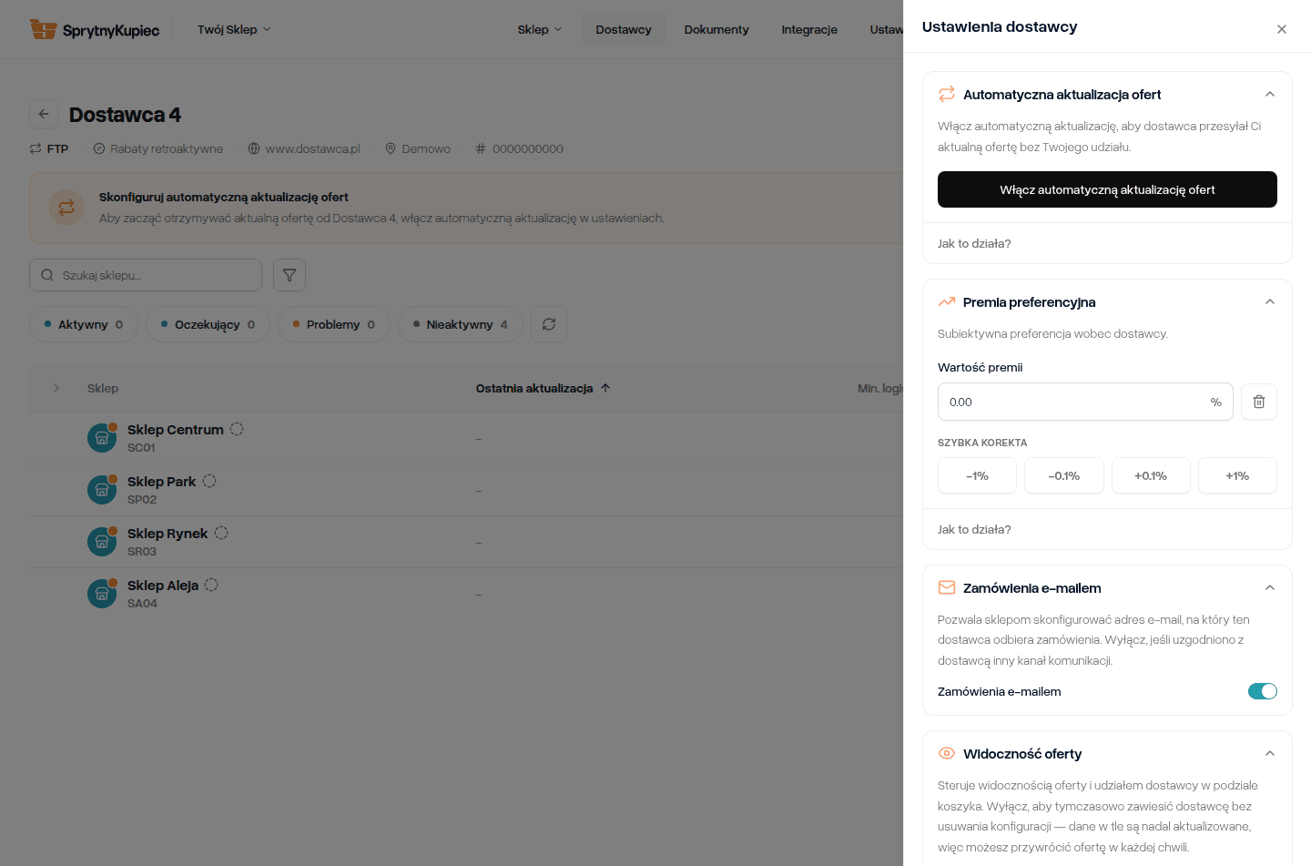 Panel „Ustawienia dostawcy” otwarty z prawej strony, z sekcją „Automatyczna aktualizacja ofert” i przyciskiem włączającym.