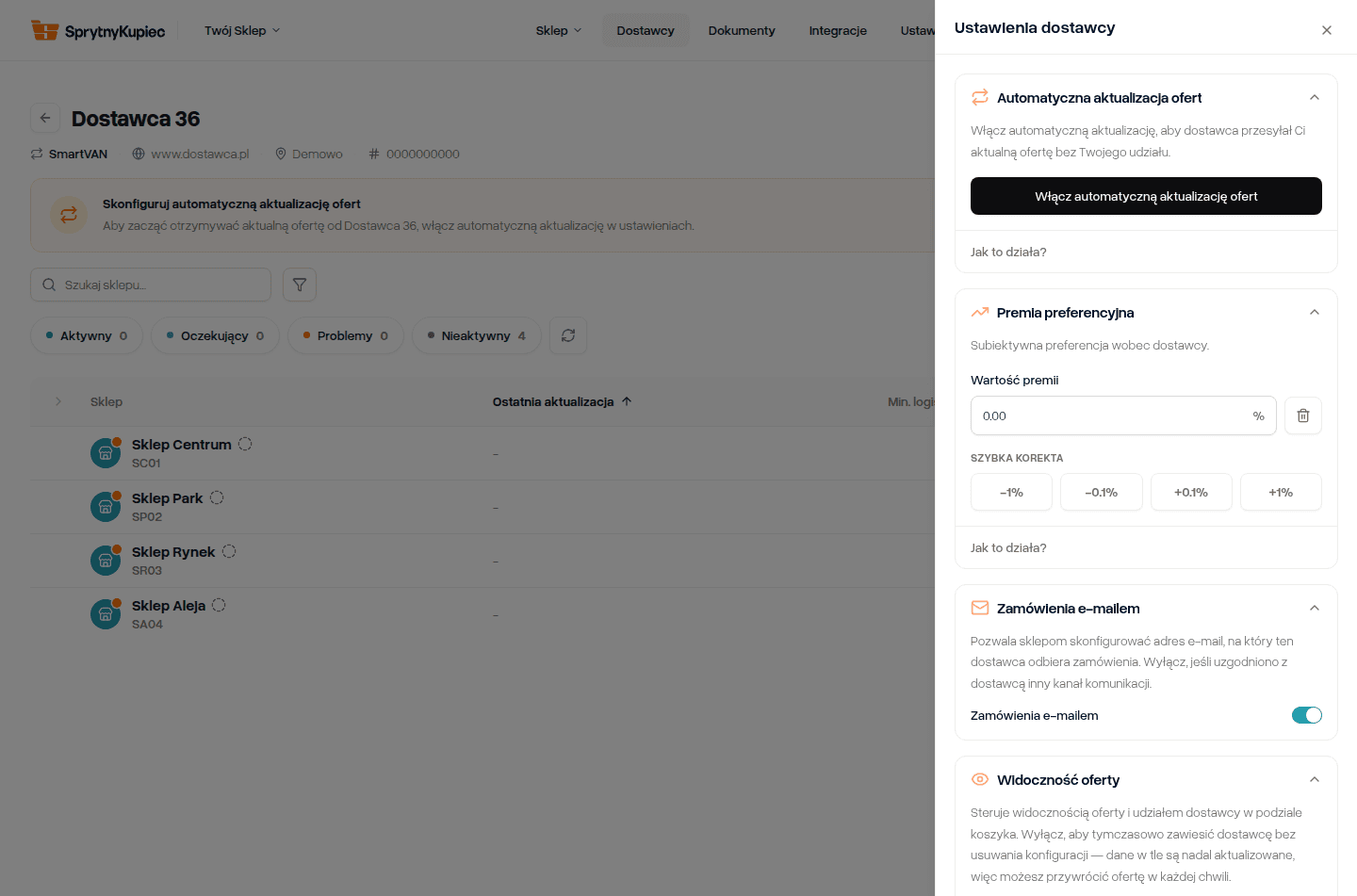 Panel „Ustawienia dostawcy” otwarty z prawej strony, z sekcją „Automatyczna aktualizacja ofert” i przyciskiem włączającym.