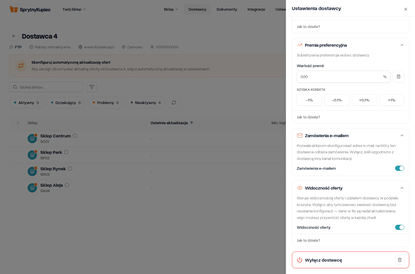 Sekcja „Widoczność oferty” w panelu „Ustawienia dostawcy” z włączonym przełącznikiem.